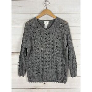 Susan Bristol Sweater Womens Petite Small Gray Hand Knit Open Knit Pullover